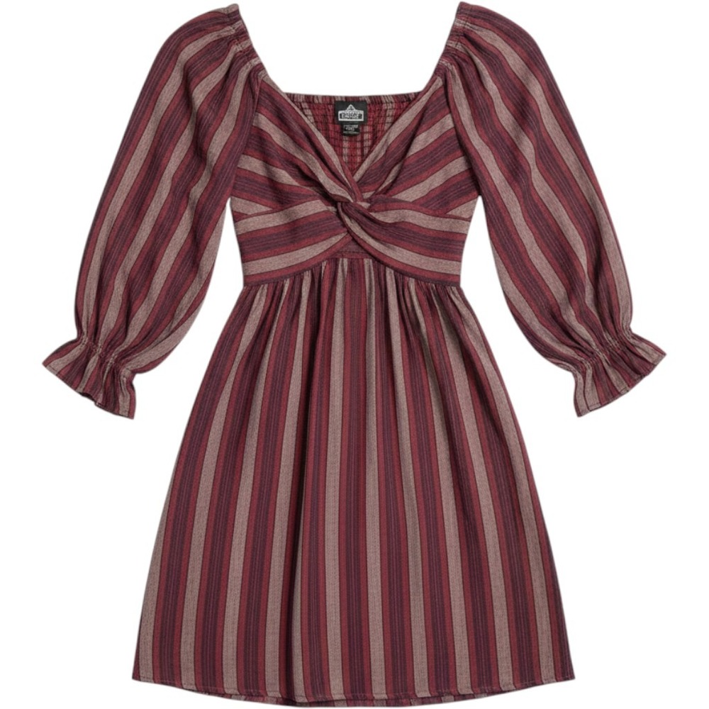 New Angie Burgundy Striped Twist Front Smocked Back Mini Dress Medium Boho